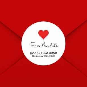 Sticker Rond Élégant cœur rouge propre mariage annonce de date 