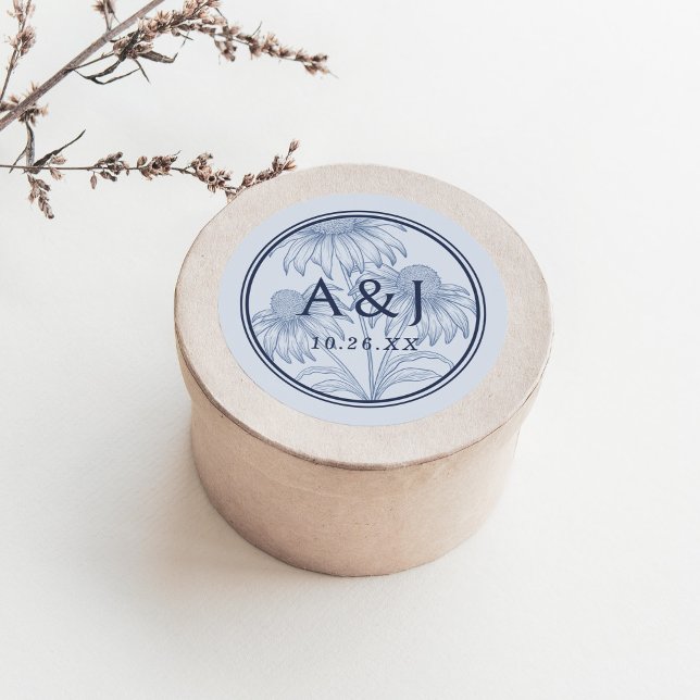 Sticker Rond Élégant Confleur Botanique Dusty Mariage Bleu (Créateur téléchargé)