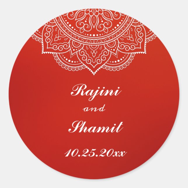 Sticker Rond Élégant Crimson Blanc Indien Mariage Paisley (Devant)