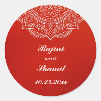 Sticker Rond Élégant Crimson Blanc Indien Mariage Paisley