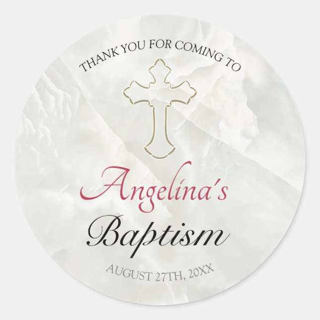 Sticker Rond Elégant Croix Or Marbre Baby Baptism Merci (Devant)