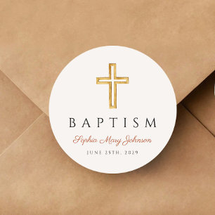 Sticker Rond Élégant Croix Religieuse Terracotta Baptême