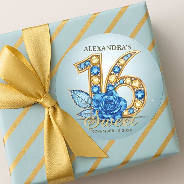 Sticker Rond Elegant Crystal Blue Rose Gold Gemstone Sweet 16 (Créateur téléchargé)