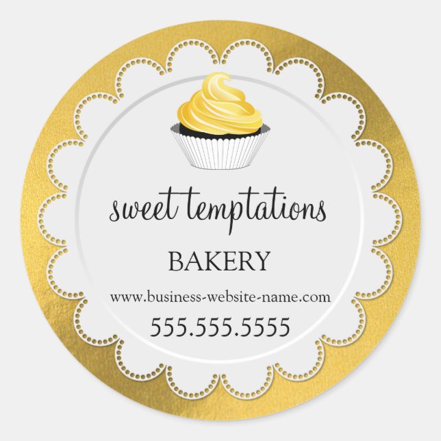 Sticker Rond Elégant Cupcake et Doily Faux Gold Foil (Devant)