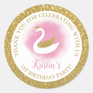 Sticker Rond Elégant cygne rose or princesse fille Anniversaire