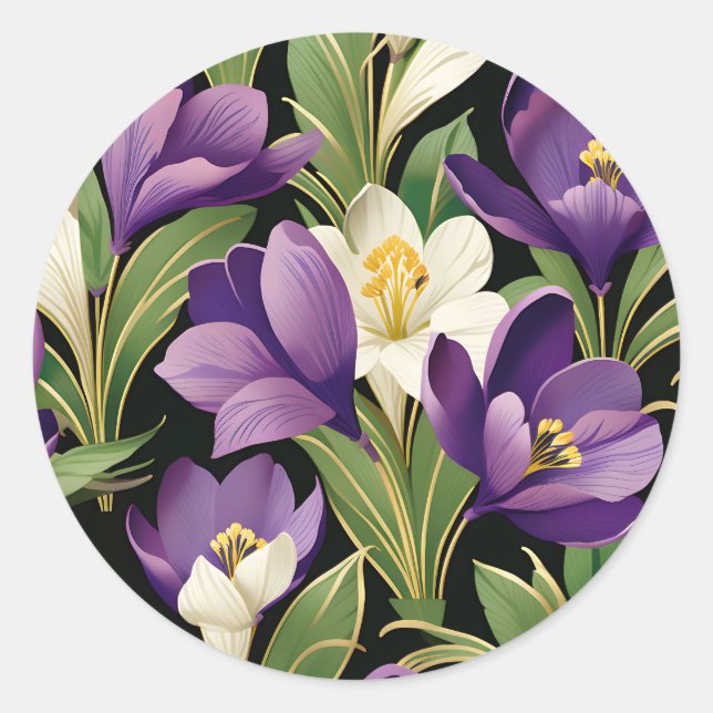 Sticker Rond Élégant Damas avec fleurs de Crocus (Devant)