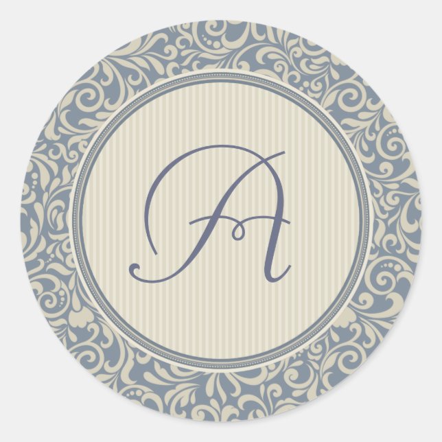 Sticker Rond Élégant Damas bleu et beige avec Monogramme (Devant)