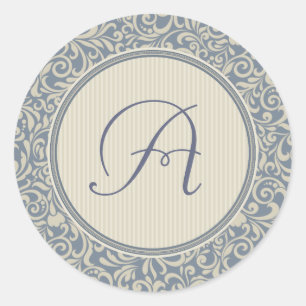 Sticker Rond Élégant Damas bleu et beige avec Monogramme
