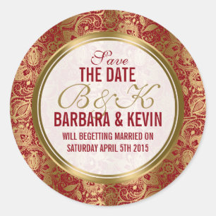 Sticker Rond Élégant Damas de dentelle florale bordeaux & or