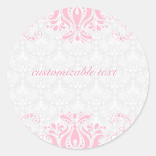 Sticker Rond Élégant Damas Et Fils Roses Et Blancs 2