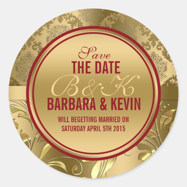 Sticker Rond Élégant Damas floraux de Bourgogne et d'or 3 (Devant)