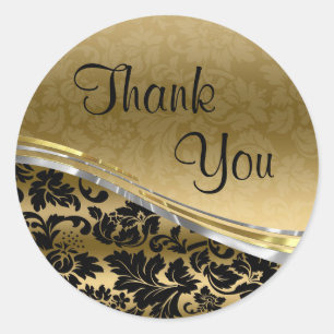 Sticker Rond Élégant Damas Noir & Or Avec Accents Argent