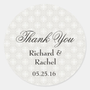Sticker Rond Elégant Damask argent et Merci blanc