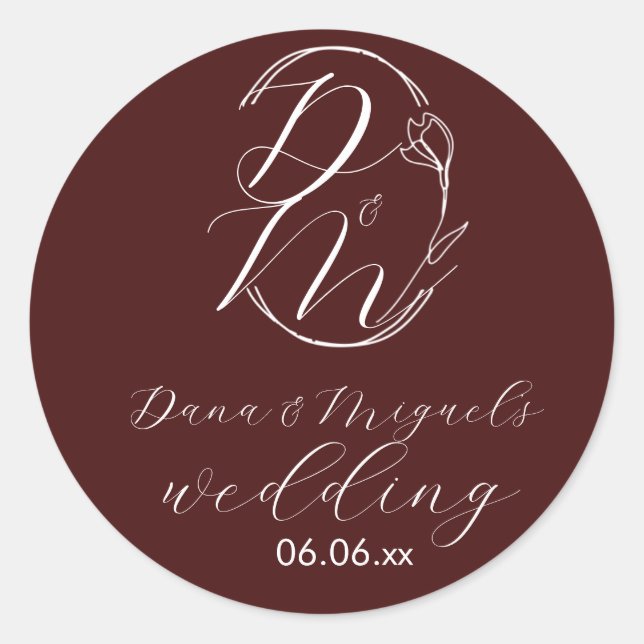 Sticker Rond Elegant Delicate Floral Wedding Logo Deep Burgundy (Devant)