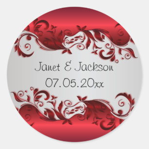 Sticker Rond Elégant design Mariage rouge et argent