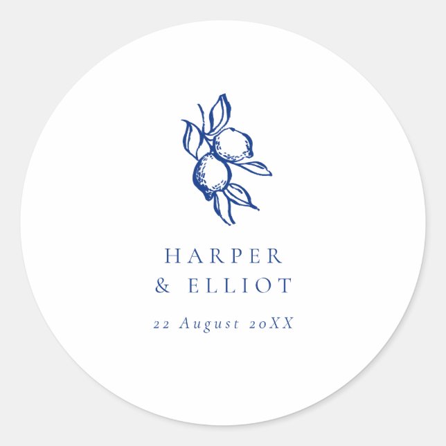 Sticker Rond Elegant Doodle Blue Lemons Wedding Favor (Devant)
