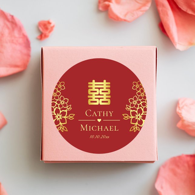 Sticker Rond Élégant double bonheur chinois mariage floral (Créateur téléchargé)