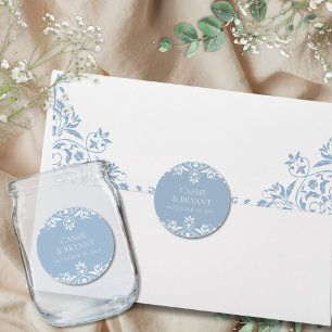 Sticker Rond Elégant Dusty bleu et blanc minimaliste Mariage