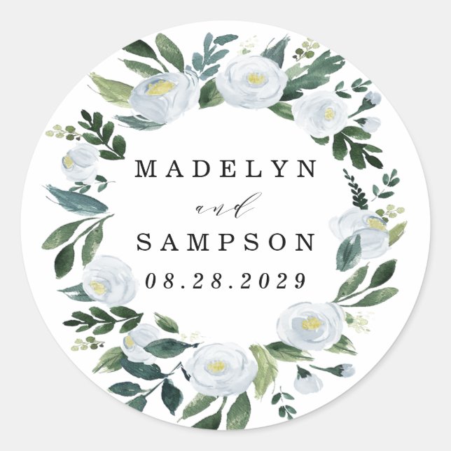 Sticker Rond Elégant Dusty Blue Floral Rustic Garden Mariage (Devant)