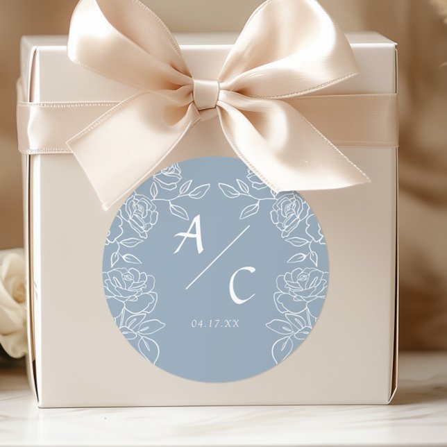 Sticker Rond Elegant Dusty Blue French Roses Wedding (Créateur téléchargé)