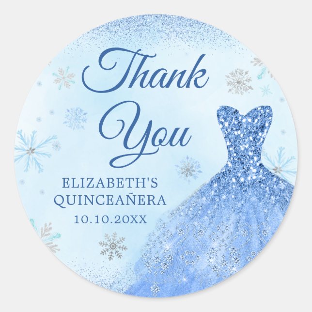 Sticker Rond Elégant Dusty Blue Winter Snowflake Quinceañera (Devant)