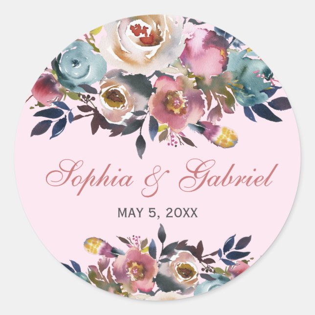 Sticker Rond Élégant Dusty Peach Pink Blue Floral Mariage (Devant)