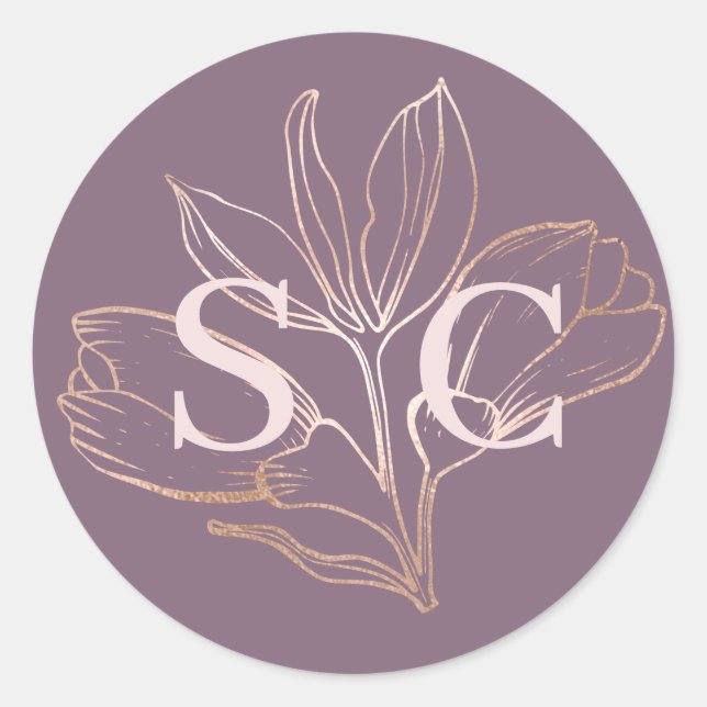 Sticker Rond Elegant Dusty Rose Botancial Monogram Wedding (Devant)