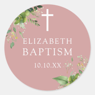 Sticker Rond Elégant Dusty Rose rose verdure Baptême Favoriser
