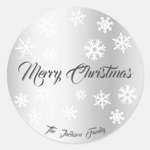 Sticker Rond Élégant effet argent Snowflakes Nom personnalisé N