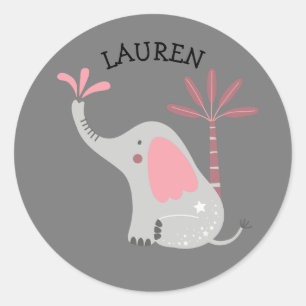 Sticker Rond Élégant Éléphant Gris Nom Personnalisé Arbre à Pal