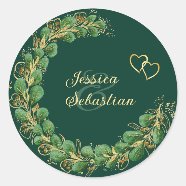 Sticker Rond Élégant Emerald Green & Gold Jewel Mariage (Devant)