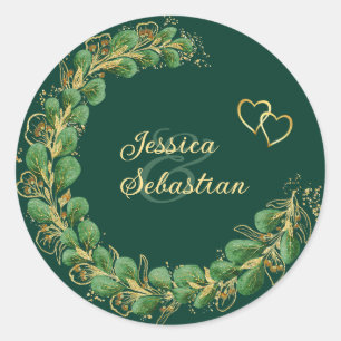 Sticker Rond Élégant Emerald Green & Gold Jewel Mariage