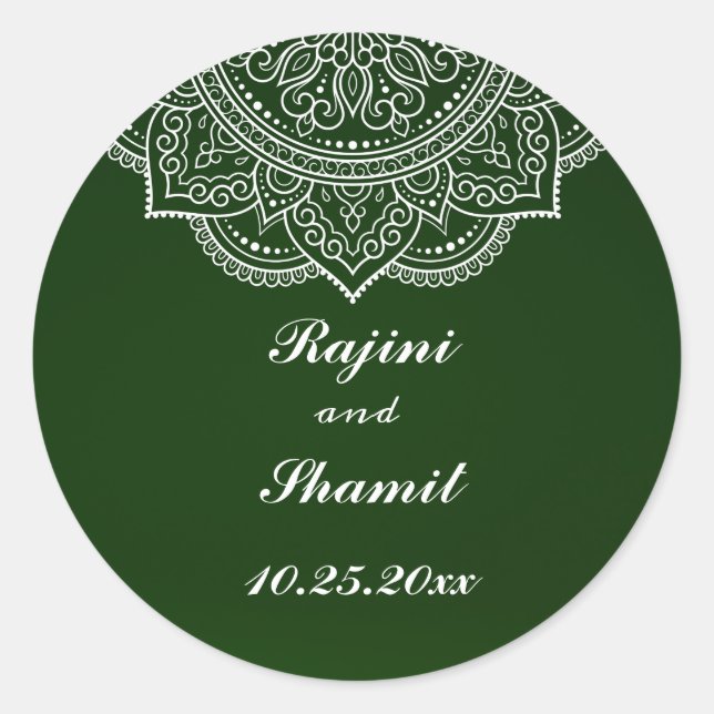 Sticker Rond Élégant Emerald Green White Indian Paisley Mariage (Devant)