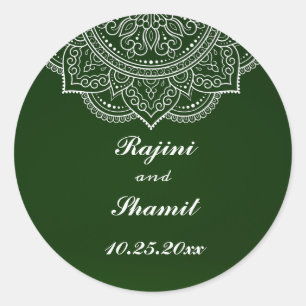 Sticker Rond Élégant Emerald Green White Indian Paisley Mariage