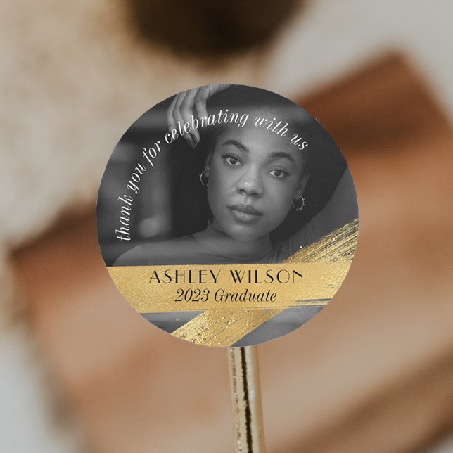 Sticker Rond Élégant et minimal Gold Photo Graduation (Créateur téléchargé)