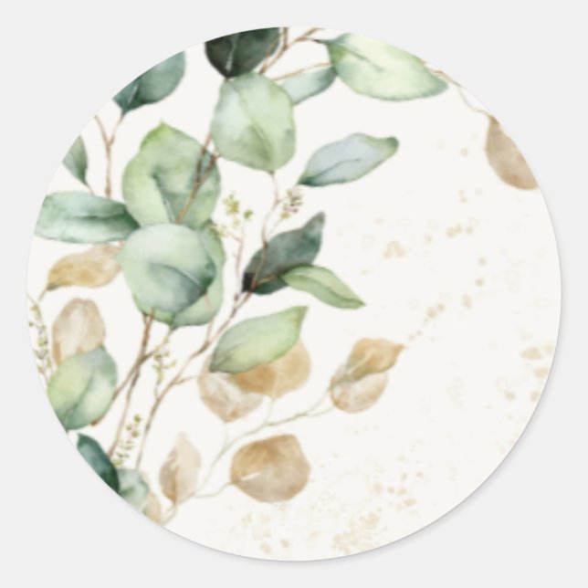 Sticker Rond Elégant Eucalyptus Verdure & Or Accents Mariage (Devant)