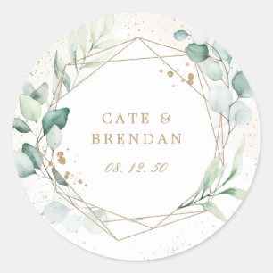 Sticker Rond Elégant Eucalyptus Verdure Or Mariage géométrique