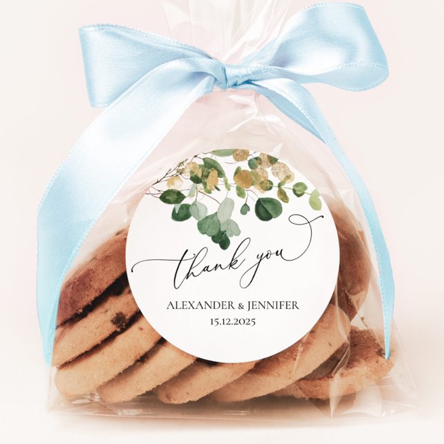 Sticker Rond Elégant Eucalyptus Vert feuille or Mariage (Créateur téléchargé)