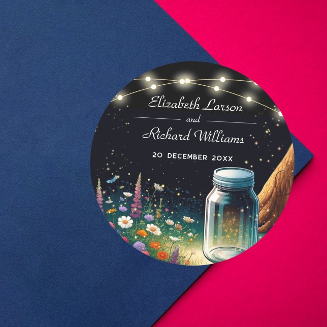 Sticker Rond Élégant Faire-part de mariage rustique de luciole (Créateur téléchargé)