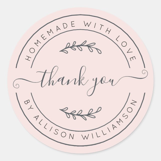 Sticker Rond Élégant fait maison avec amour rose pastel merci (Devant)