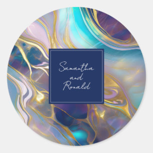 Sticker Rond Elégant Faux Gold et Blue Opal Stone Swirled
