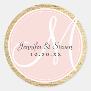 Sticker Rond Elégant Faux Gold et Monogramme rose