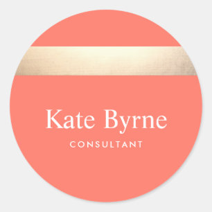 Sticker Rond Élégant Faux Gold Foil Stripe Moderne Coral Orange