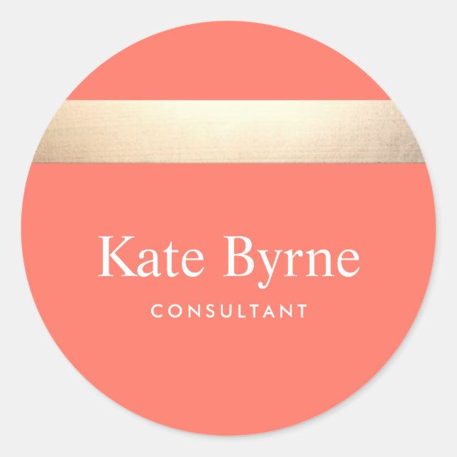 Sticker Rond Élégant Faux Gold Foil Stripe Moderne Coral Orange (Devant)