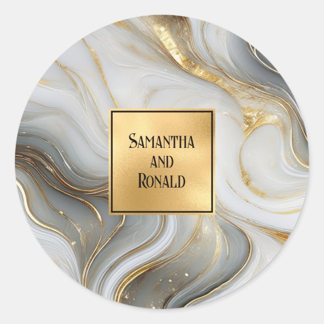 Sticker Rond Elegant Faux Gold, Grey White Marbled Wedding (Devant)