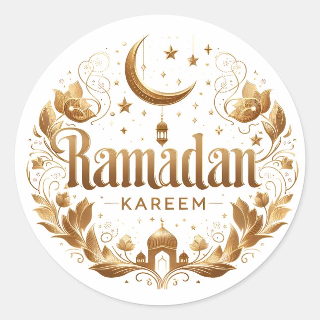 Sticker Rond Elégant Faux Gold Ramadan Kareem Moubarak (Devant)