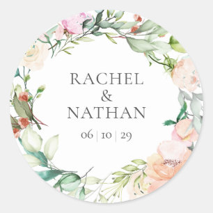 Sticker Rond Élégant Faveur de Mariage Floral de Verdure à l'Aq