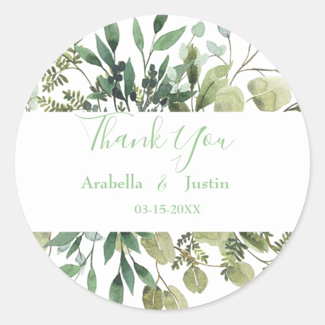 Sticker Rond Elégant Feuille Mariage Merci Aquarelle verte (Devant)