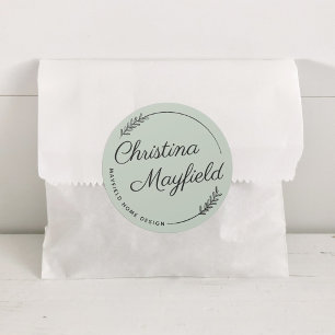 Sticker Rond Élégant Feuille Vert Nom personnalisé Entreprise