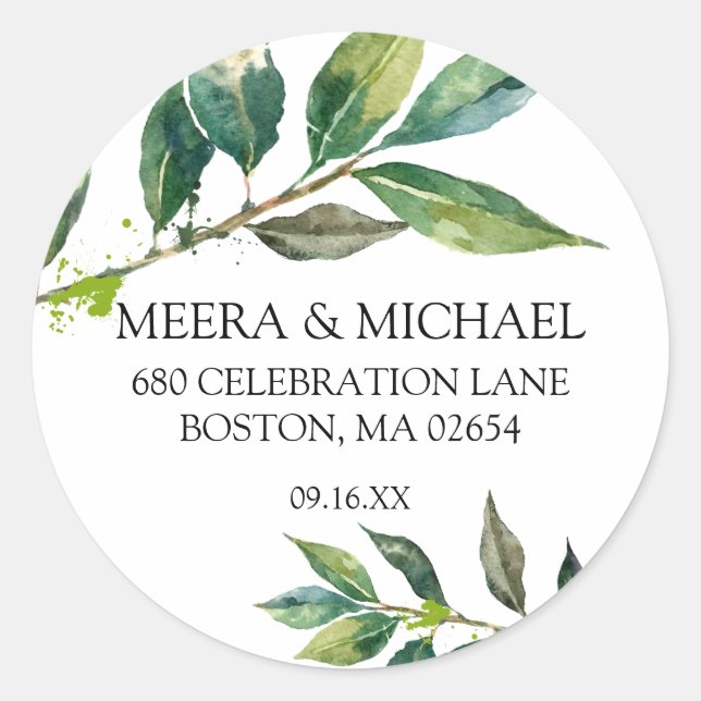 Sticker Rond Élégant Feuilles aquarelle Mariage d'adresse de re (Devant)